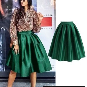 CHICWISH Green Taffeta A-line Midi Skirt